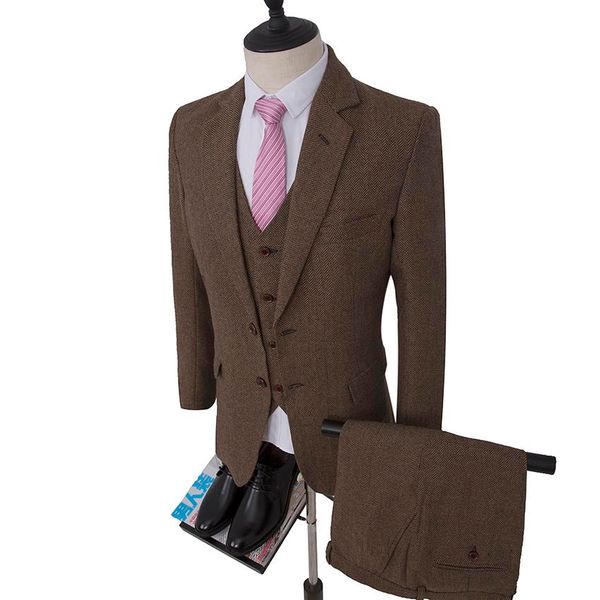 

3шт куртка + брюки+жилет свадебные мужские костюмы блейзеры коричневый твидовый костюм шерсть елочка двубортный мужской смокинг жених выпуск, White;black