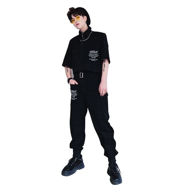 

summer dark overalls jumpsuit japanese suit men's personality embroidery trend men's beam trousers jumpsuit, Black