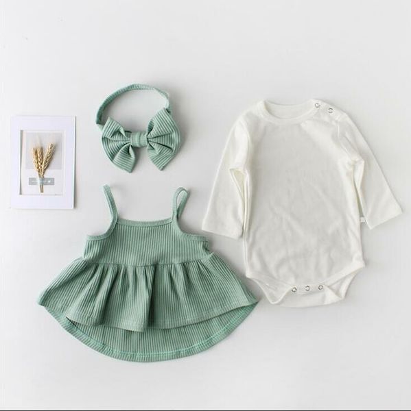 

baby clothes kids girls t shirt suspender dresses headband clothing sets summer solid princess dress bowknot hairband sets ayp707, White