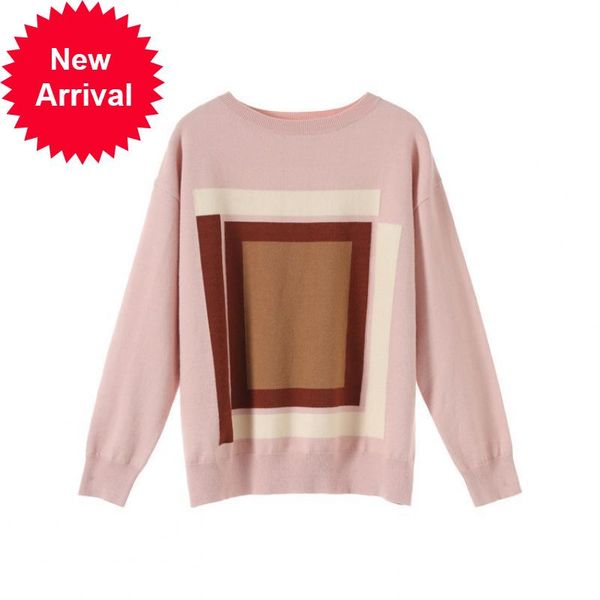 

2019 fall winter fashion sweet office pink geometric pattern jacquard pullover o-neck sweater knit women long-sleeved clothes, White;black