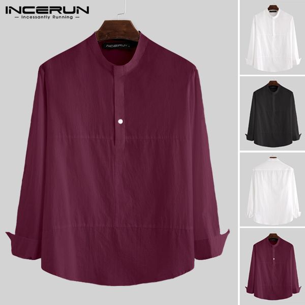 

incerun 2020 stand collar solid color shirt men cotton long sleeve streetwear vintage mens blouse casual brand shirts camisas, White;black