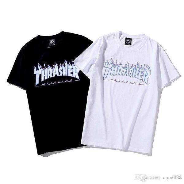 

luxury mens t-shirt trend brand thrash ghost flame logo letter printing tee designer street fashion couple summer t-shirt, White;black