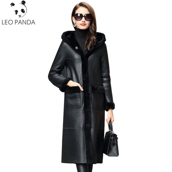 

2019 new women lamb fur bomber long real leather jacket sheepskin double face shearling coat oversized genuine leather jacket, Black