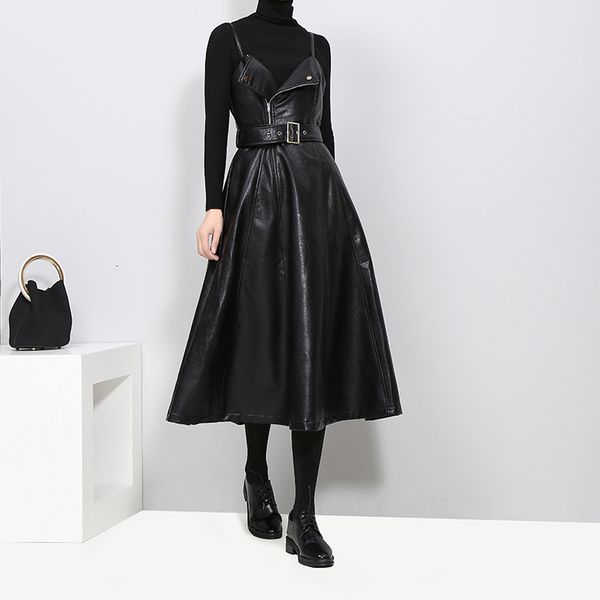 

women clothes ladies dresses 2019 women faux leather black midi sleeveless dress belt spaghetti strap elegant club wear dress 3014, Black;gray