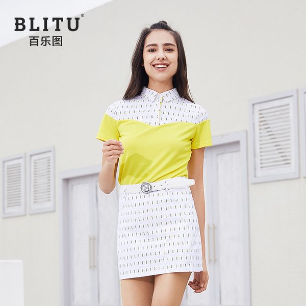 

summer golf suit women's short-sleeved t shirt polo shirt print short skirt fashion slim jersey, Black;blue