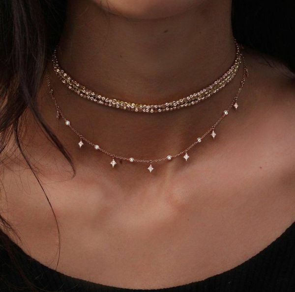 

new luxury shiny crystal star boho necklace choker necklace gold beads women initial vintage layered jewellery, Silver