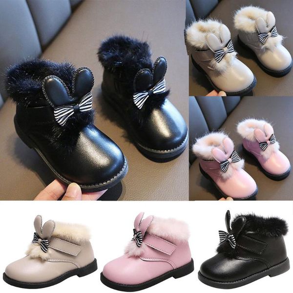 

2020 new fashion girls leather boots princess shoes girl comfortable warm butterfly-knot children plush casual shoes cute, Black;grey