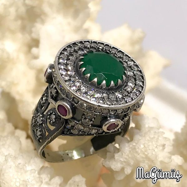 

natural ruby emerald stone handwork silver authentic ring, Golden;silver