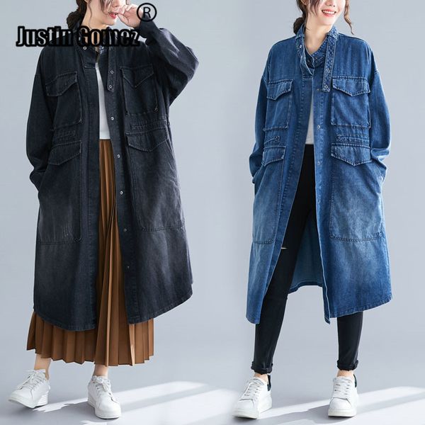 

female denim cardigan standing collar large-size loose casual jeans windbreaker highstreet oversize blue black coat outwear, Tan;black