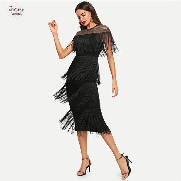 

черный highstreet партии женщины платья going out elegant sheer layered хомут fringe деталь платья осень современная леди, Black;gray