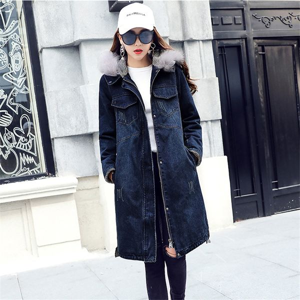 

denim coat women medium long winter cotton jacket plus velvet thick large fur collar cotton outerwear large size female jia359, Tan;black