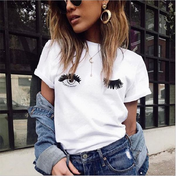 

cartoon women eyes summer casual short sleeved t shirt white blinking print cute harajuku large size s 2xl t shirt