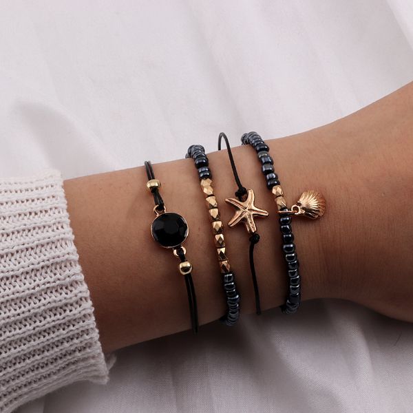 

4pcs/set fashionable ocean shell starfish bracelet femme charm braclet for girlfriends beaded bracelet coquillage, Black