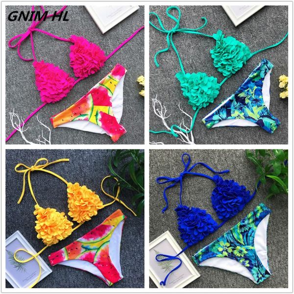 

gnim 3d flower bikini bandage swimwear women 2020 solid swimsuit brazilian biquini bathing suit two pieces summer beachwear, White;black