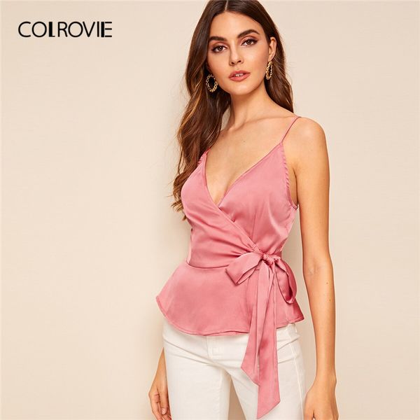 

colrovie pink surplice wrap belted satin peplum cami women clothing 2019 summer holiday slim office ladies tee shirts, White