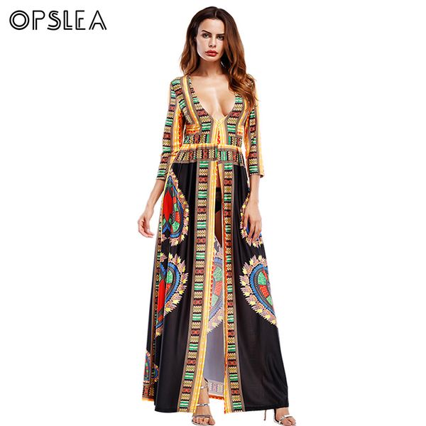 

opslea african long slit maxi clothes national tribal kanga dresses dashiki print deep v-neck africa elastic dress for women, Red