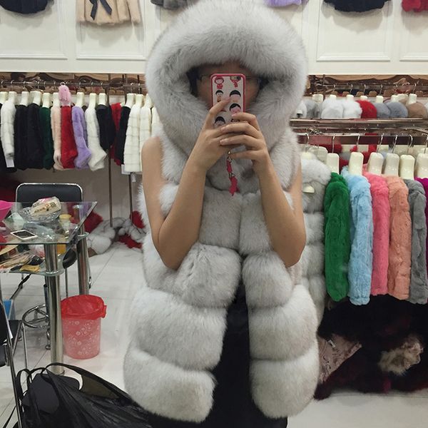 

woman fashion faux fur vest winter warm hooded fur coat artificial outwear, Black