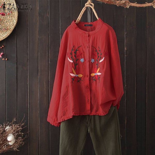 

2019 zanzea embroidery stylish women's solid blouse female o neck button blusas long sleeve shirts oversized woman tunic, White