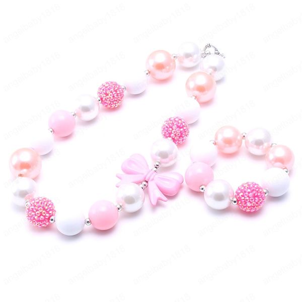 

child girls chunky bubblegum necklace bracelets set fashion kids toddler chunky beads jewelry set for party gifts cute, Red;brown