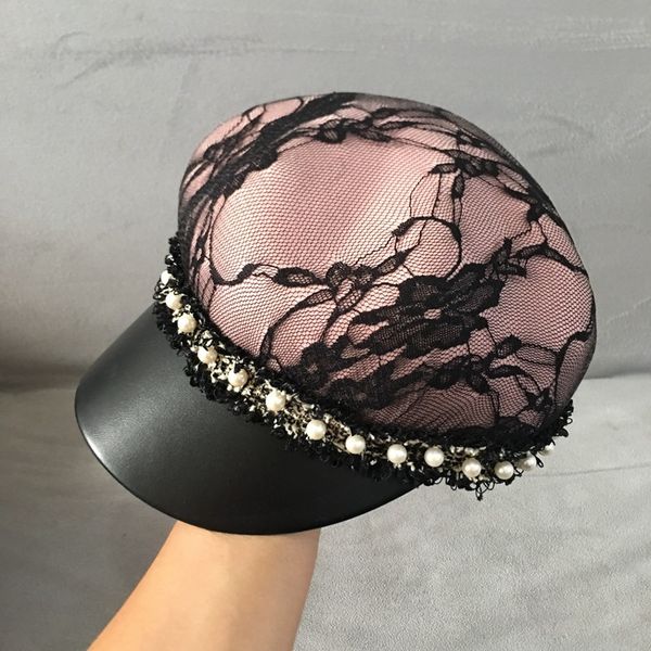

new patchwork women winter hat elegant pearl trim pink black lace visor beret pink newsboy hat cap for ladies merino wool cap, Blue;gray