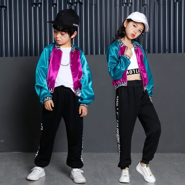 

boys girls hip hop performance clothes for kids korean jacket crop pant children girls stage costume dance wear, White