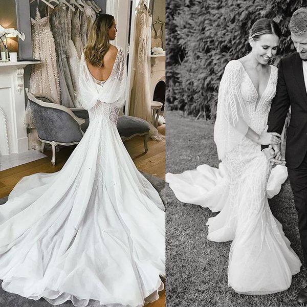 

2019 deep v neck mermaid wedding dresses sweep train lace appliqued wrap beach wedding gowns backless country beaded bridal dress, White