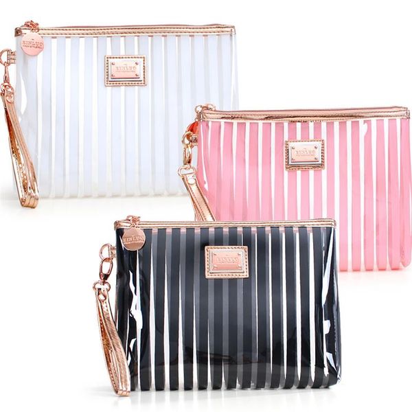 

casual clear travel makeup cosmetic bag women toiletry stripe transparent storage pouch pink black new pvc handbags clutch