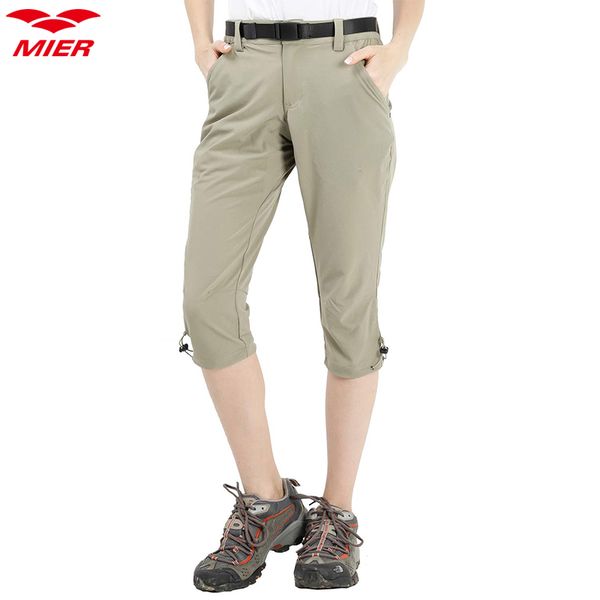 

mier women's hiking capri pants lightweight quick dry cargo cropped pants with 5 pockets, water resistant, Brown;gray