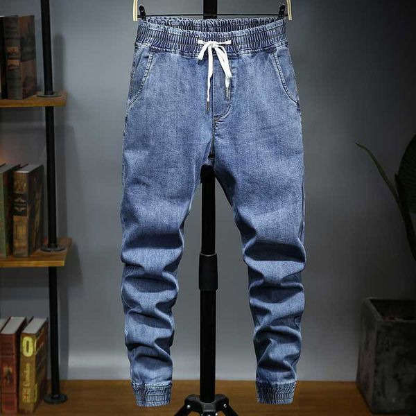 

large size big men's jeans 5xl 6xl casual harem pants business office pants high waist elastic waistband with drawstring jeans, Blue