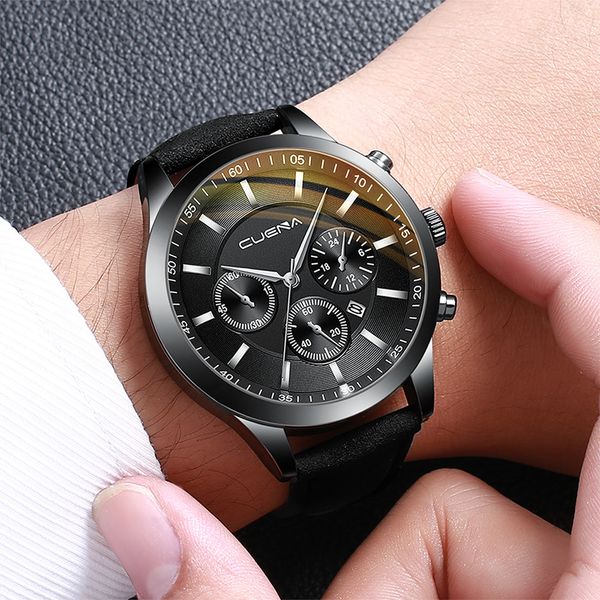 

watches men cuena business leather belt watch three eyes six-piece calendar erkek kol saati quartz wristwatch relogio masculino, Slivery;brown