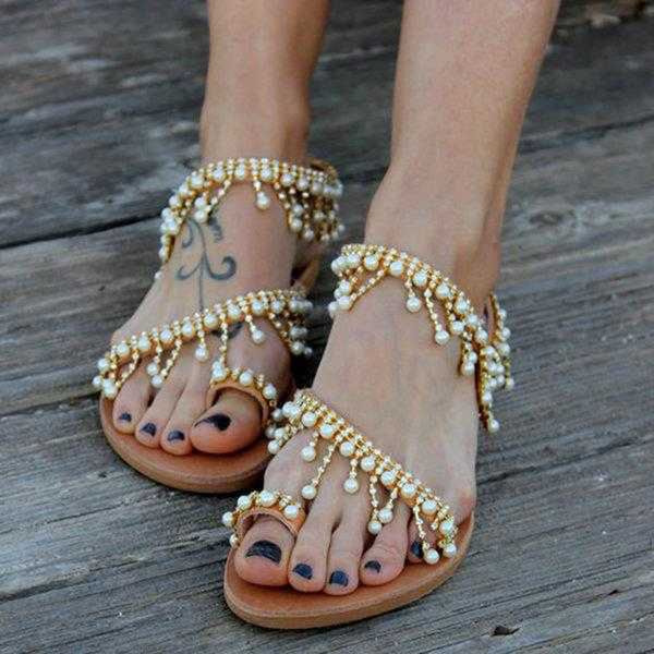 

2020 summer new style flat sandals fashion ladies beach sandals beaded bohemian women's shoes plus size 42 43, Black
