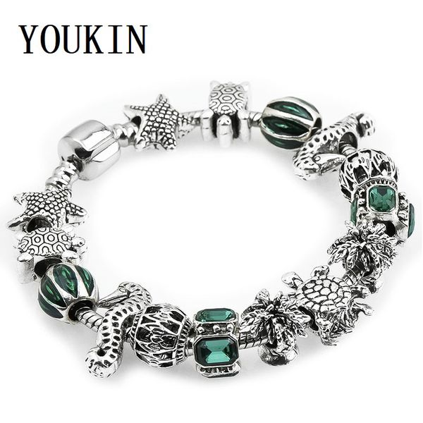 

fit original pandor charms bracelet ocean style coconut tree sea turtle seahorse starfish beads for women jewelry pulseiras gift, Black
