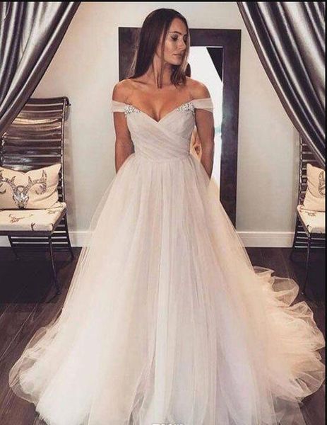 

princess a line wedding dresses sweetheart off the shoulder with sleeves beaded sequins pleated corset wedding dress bridal gowns new, White