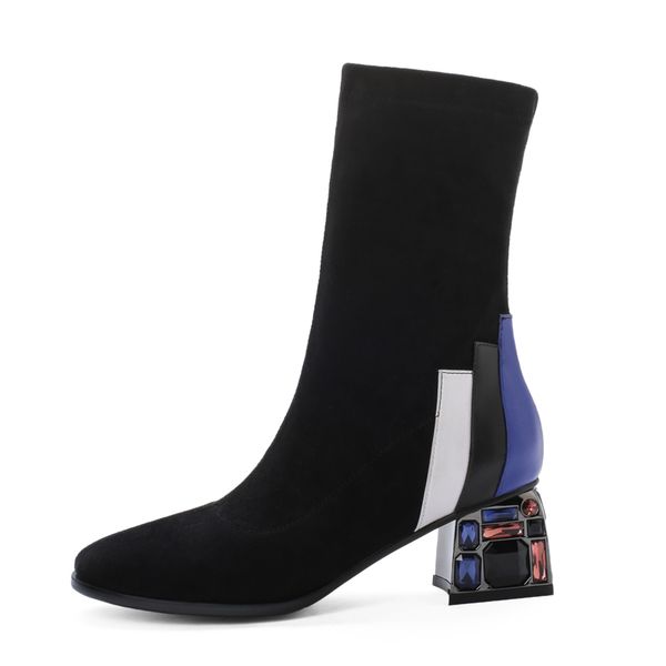 

rhinestone women high boots fashion suede leather women's autumn boots thick heel women high quality, Black