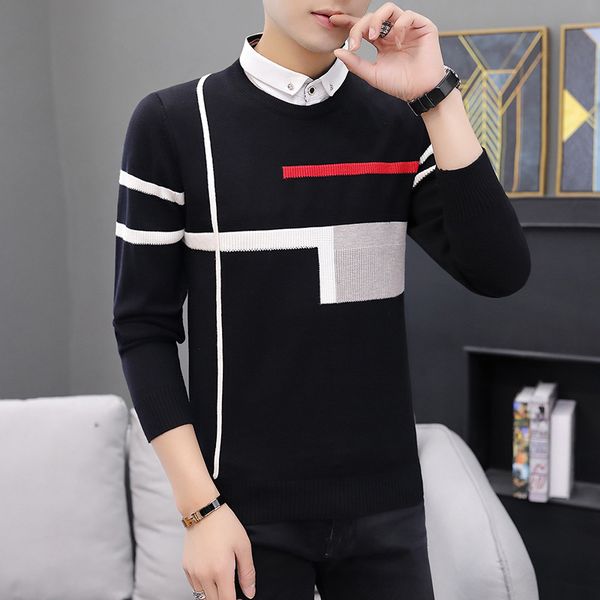 

fake two fashionable casual sweaters turn-down collar pullovers casual men winter new long sleeve sweater fall sweater, White;black