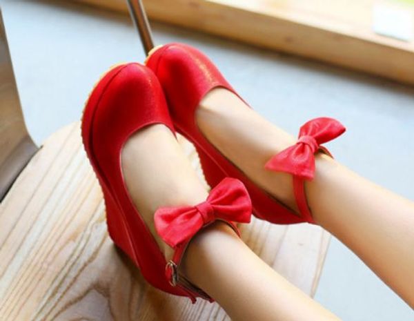 

2019 women's shoes in spring and autumn with new style slope heel round head bowknot silk and satin @op307, Black