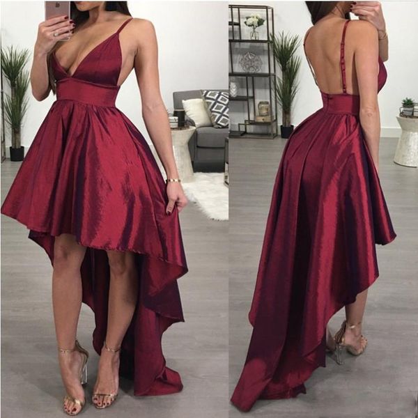 

generous dark red prom dress high low v neck spaghetti straps short formal party gowns backless evening wear cocktail gowns, Black