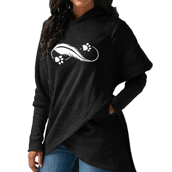

large size 2018 new fashion faith print kawaii sweatshirt feather paws print crossover hoodie sweatshirt, Black