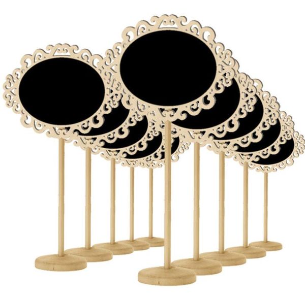 10 pcsCreative De Madeira Oco Oval Em Forma De Coração Mini Quadro Negro De Madeira Chalkboard Na Vara Stand Titular Número Da Tabela de Casamento Festas Decoração