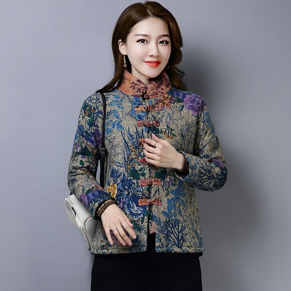 

2019 autumn and winter retro national wind cotton coat small cotton-padded jacket short cotton linen large size printed cotton-p, Blue;black
