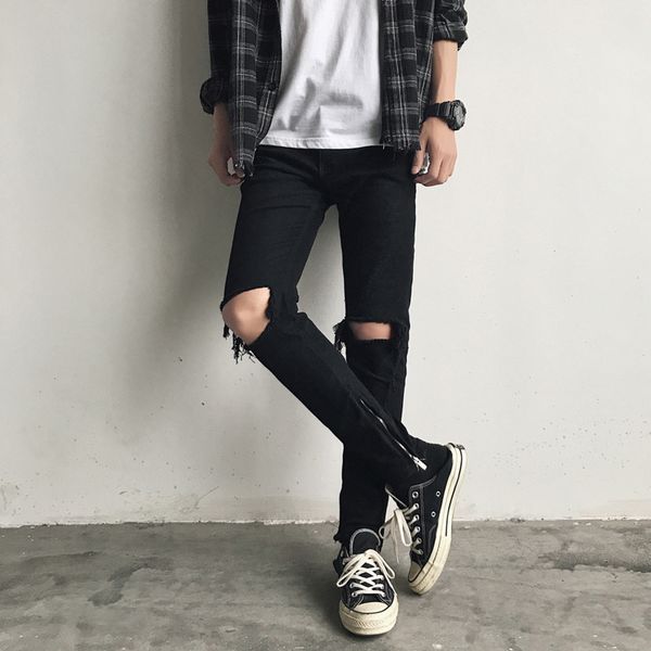 

autumn new jeans men slim fashion washed solid color casual hole denim trousers man streetwear wild hip hop jeans male clothes, Blue