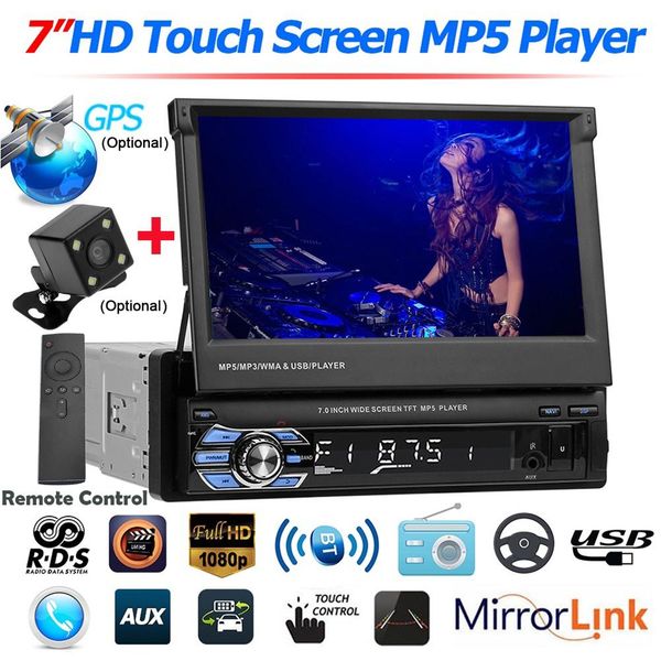 

7" car mp5 player stereo rds am fm radio gps navigation retractable 1 din touch screen usb bluetooth receiver 9601 upgraded 9602 car dv