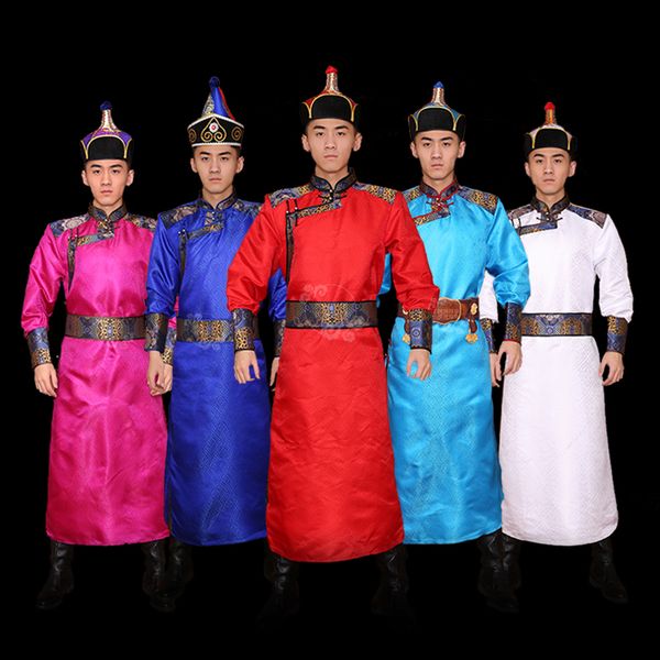 Trajes de dança da Mongólia estilo terno homens vestuário nacional Tang mangas compridas de seda mistura robe desgaste performance de palco ásia festival