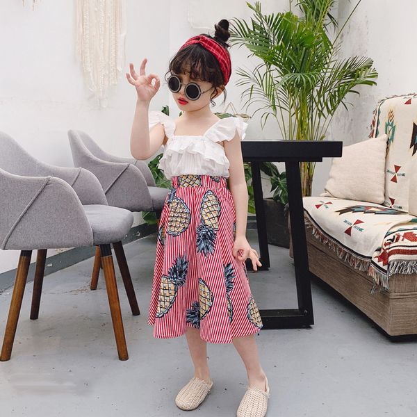 

summer girls clothes 2020 new fashion 2pcs children clothing vest solid vest pineapple dress kids holiday suits for girl, White