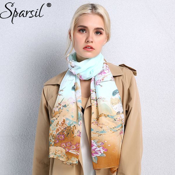

sparsil women new spring long flower animal printed scarf chiffon wraps summer fashion fake silk scarves female