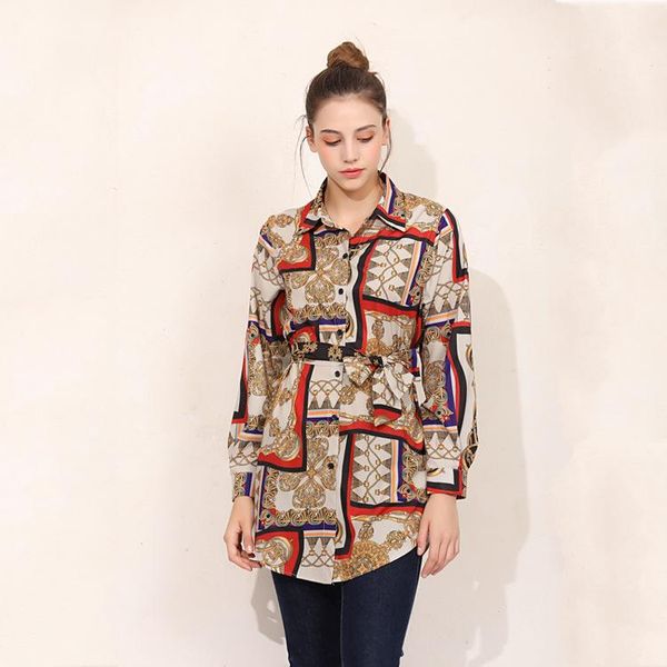 

women spring autumn printed blouses lapel neck panelled long sleeve shirts irregular designer shirt, White