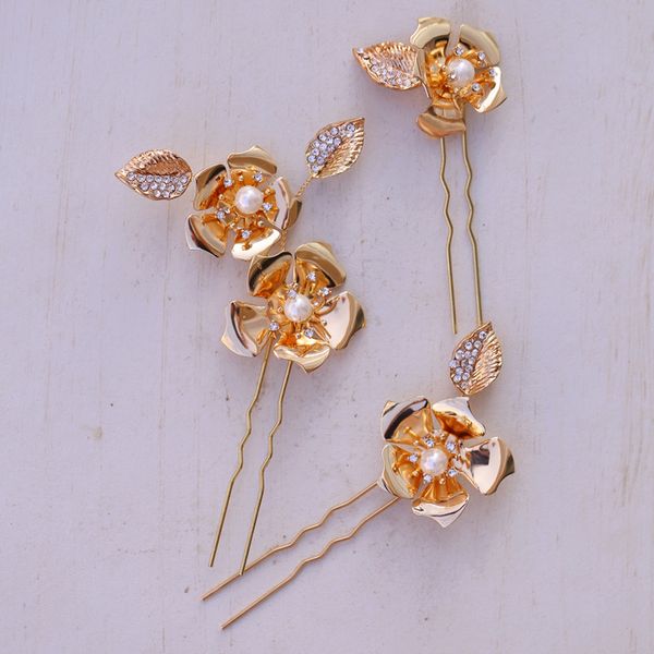 

vintage flower floral hairpins crystal pearl hair pin clips bridesmaids headpieces bride wedding hair accessories bridal jewelry, Golden;white