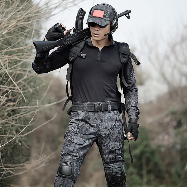 

men tactical hunting clothing black python camouflage hunting clothes uniforme militar women army combat multicam shirt + pants, Camo