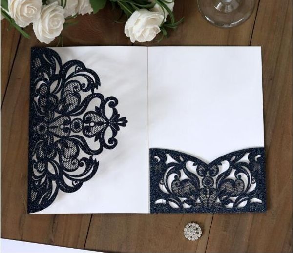 

50pcs tri fold vertico pocket laser cut vine wedding invitations cards hollow carving greeting invites engagement birthday bridal shower, Black