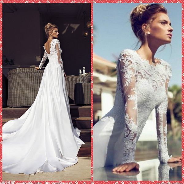 

jewel lace appliques a-line wedding dresses appliques lace satin bridal gowns simple, White
